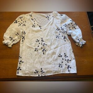 Embroidered White Peasant Top with Navy Floral Accents